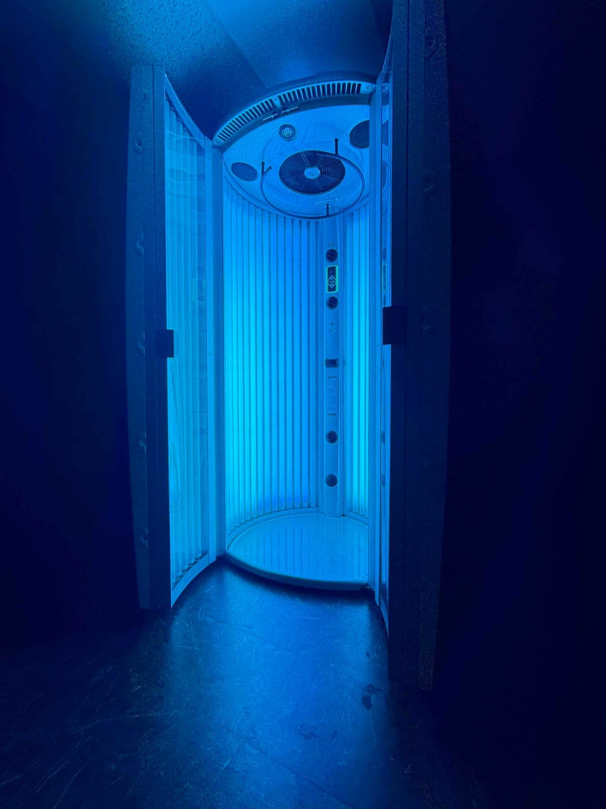 One of the two stand-up tanning booths at Colorado Iron